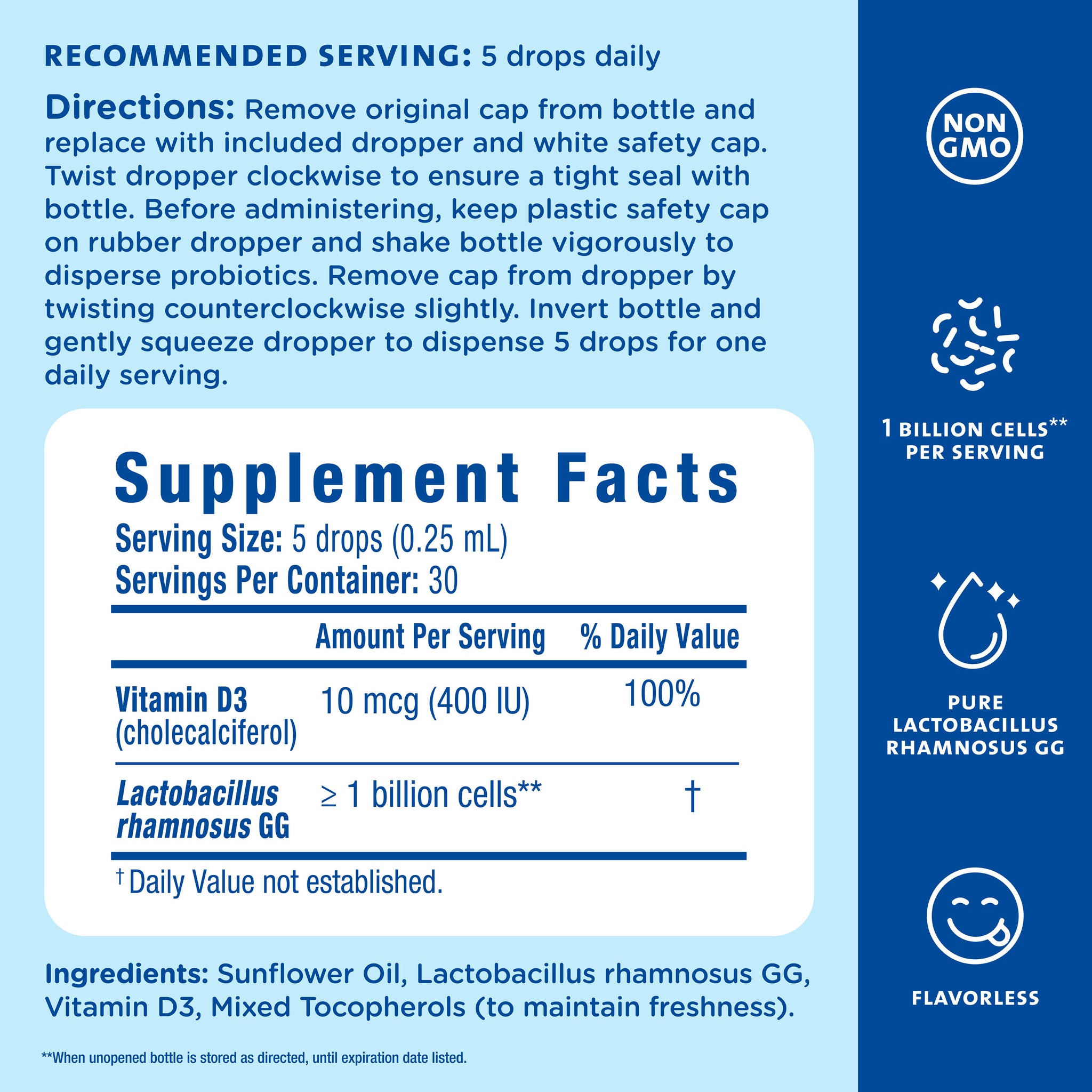 Supplement Facts panel for Mommy's Bliss Baby Probiotic Drops plus Vitamin D, with ingredients and the dosing guide by age