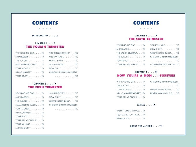 The table of contents page from Mom Your Way by Yasmin Kaderali