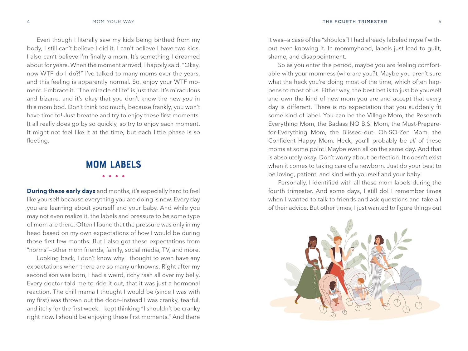A two-page spread from Mom Your Way, pages 4 and 5
