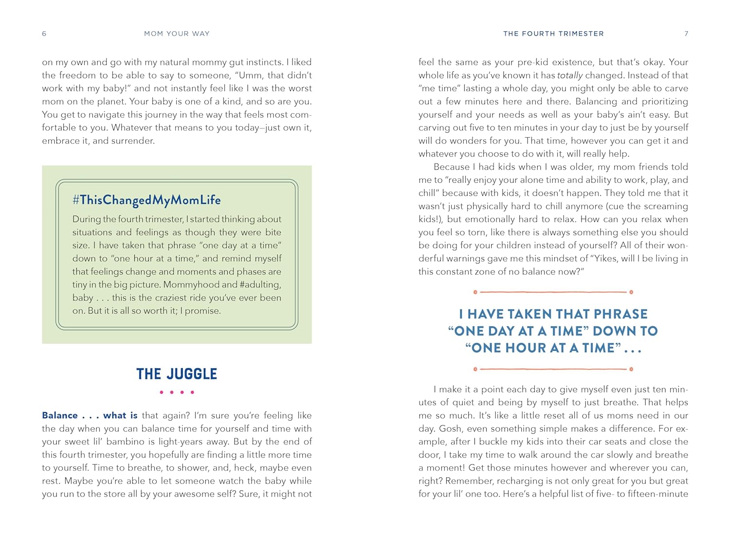 A two-page spread from Mom Your Way, pages 6 and 7