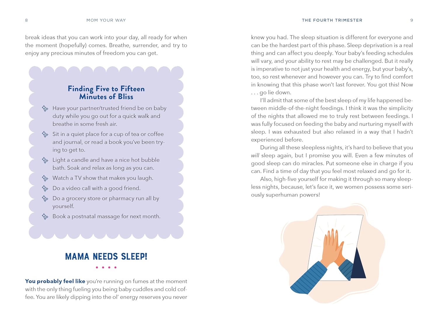 A two-page spread from Mom Your Way, pages 8 and 9