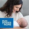 A happy mom looking at her baby with a blue banner