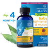 Organic Baby Cough Syrup + Immunity Support with a leaf on the side and some description