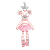 pink and white doll in stripes and a pacifier on its head
