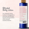 Blissful Belly Lotion - Unscented bottle showing the back view with some description of the product and a white and pink background
